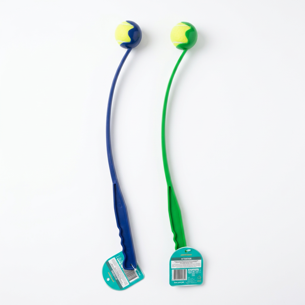 Blue and green dog ball launchers with tennis balls and retail tags on a white background