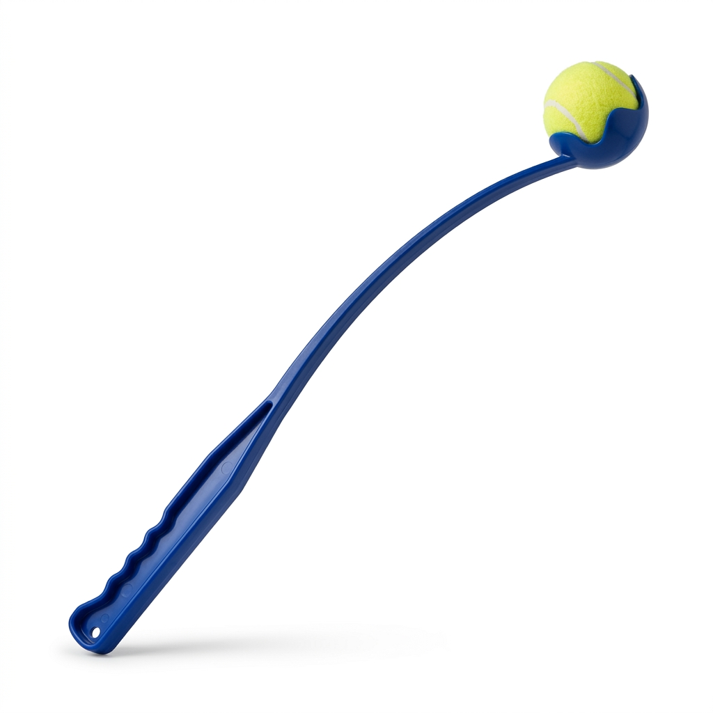 Blue dog ball launcher with tennis ball on a white background